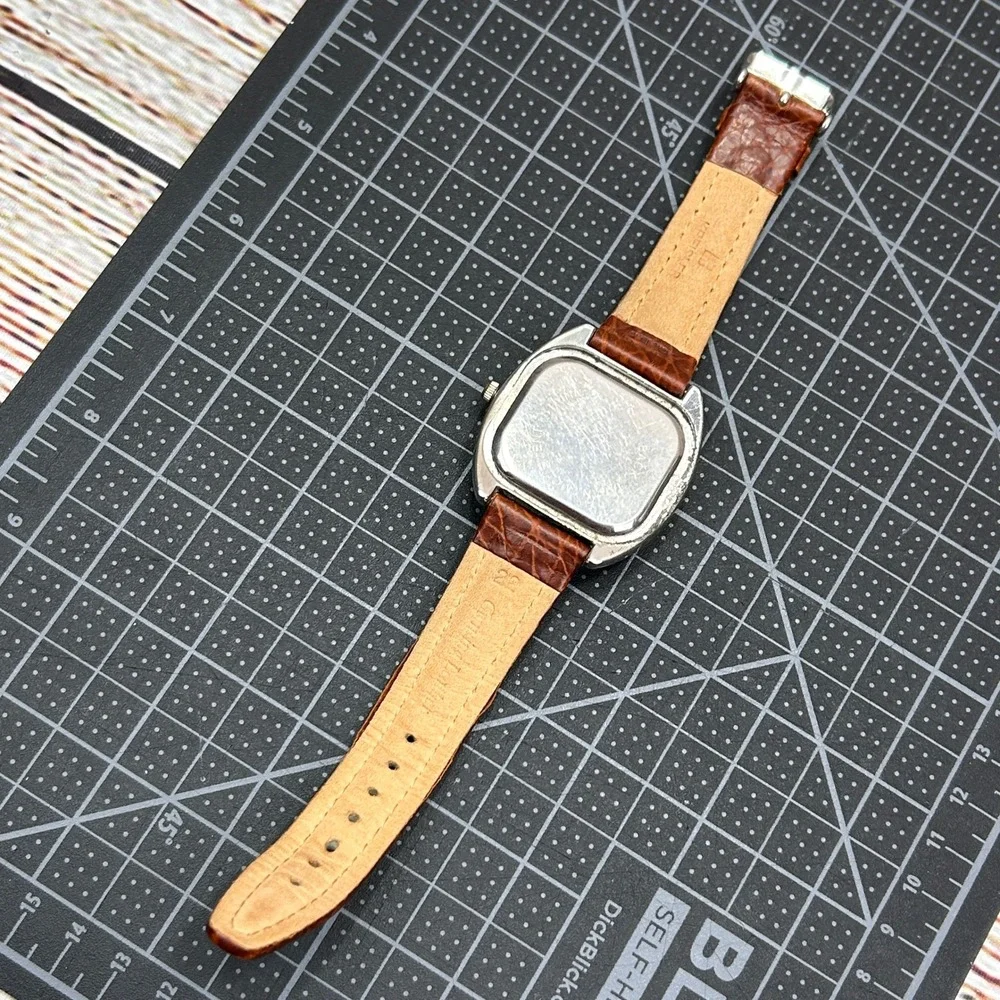 Perlina Quartz Watch Silver Tonneau Case‎ Brown Leather Strap Japan Movt